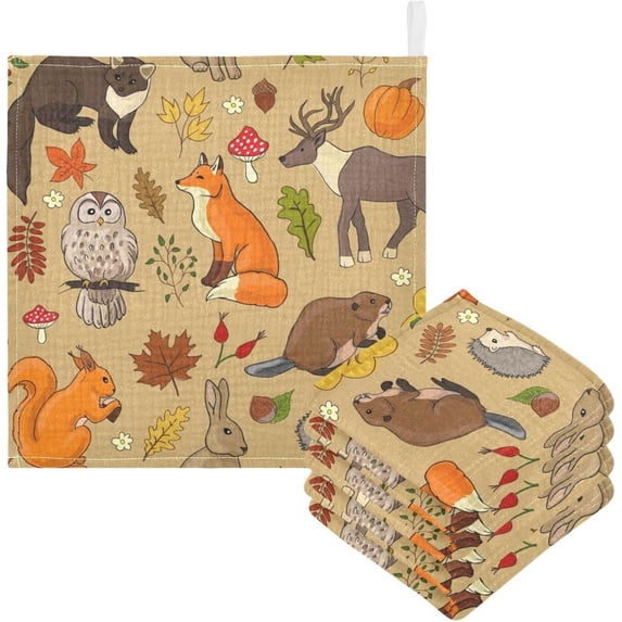 SKYSONIC 5 PCS Autumn Forest Animals Baby Muslin Washcloths, Fox Squirrel Face Towel Burp Cloths Ultrasoft Absorbent Cotton Bath Wipes Towels for Newborn Boys Girls