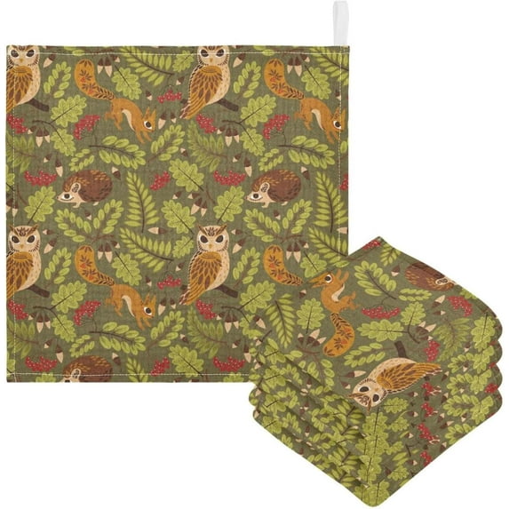 SKYSONIC 5 PCS Autumn Jungle Animal Baby Muslin Washcloths, Owl Squirrel Hedgehog Face Towel Burp Cloths Ultrasoft Absorbent Cotton Bath Wipes Towels for Newborn Boys Girls