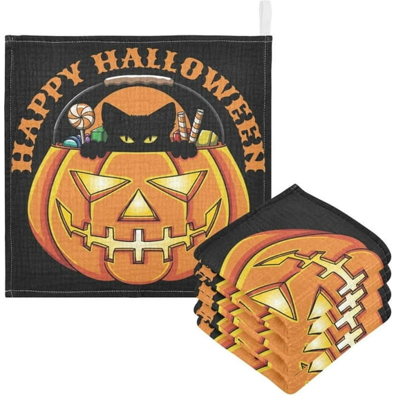 SKYSONIC 5 PCS Black Cat Spooky Pumpkin Baby Muslin Washcloths, Happy Halloween Face Towel Burp Cloths Ultrasoft Absorbent Cotton Bath Wipes Towels for Newborn Boys Girls