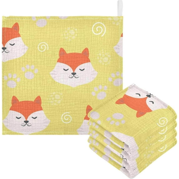 SKYSONIC 5 PCS Cute Red Fox Baby Muslin Washcloths, Cartoon Style Face Towel Burp Cloths Ultrasoft Absorbent Cotton Bath Wipes Towels for Newborn Boys Girls