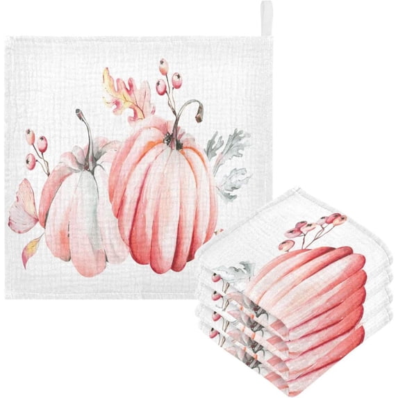 SKYSONIC 5 PCS Fall Pumpkin Pink Baby Muslin Washcloths, Watercolor Harvest Face Towel Burp Cloths Ultrasoft Absorbent Cotton Bath Wipes Towels for Newborn Boys Girls