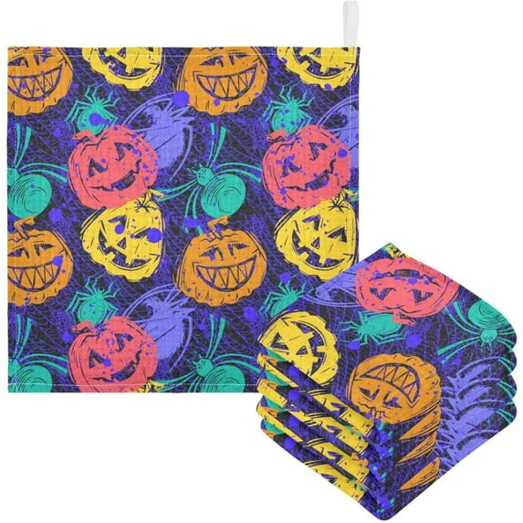 SKYSONIC 5 PCS Halloween Pumpkins Colorful Baby Muslin Washcloths, Creative Pattern Face Towel Burp Cloths Ultrasoft Absorbent Cotton Bath Wipes Towels for Newborn Boys Girls