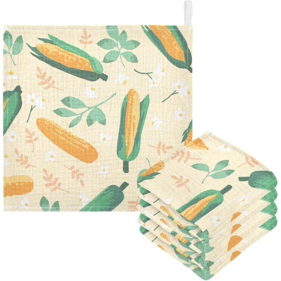 SKYSONIC 5 PCS Harvest Corns Floral Baby Muslin Washcloths, Autumn Cartoon Face Towel Burp Cloths Ultrasoft Absorbent Cotton Bath Wipes Towels for Newborn Boys Girls