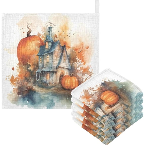 SKYSONIC 5 PCS Watercolor Halloween Castle Baby Muslin Washcloths, Autumn Pumpkins Face Towel Burp Cloths Ultrasoft Absorbent Cotton Bath Wipes Towels for Newborn Boys Girls