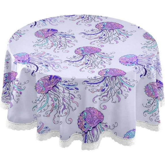 SKYSONIC 60" Art Jellyfish Purple Round Tablecloth Lace Border Table Cover Thick Wrinkle Resistant Durable for Home Party Decorative Tablecloths Indoor Outdoor