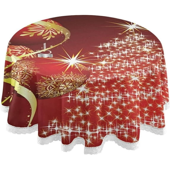 SKYSONIC 60" Beautiful Christmas Tree Ball Round Tablecloth Snowflake Red Table Cloth Cover Mat Washable Polyester Table Covers Dining Decorative Holiday Home Picnic Party Wedding