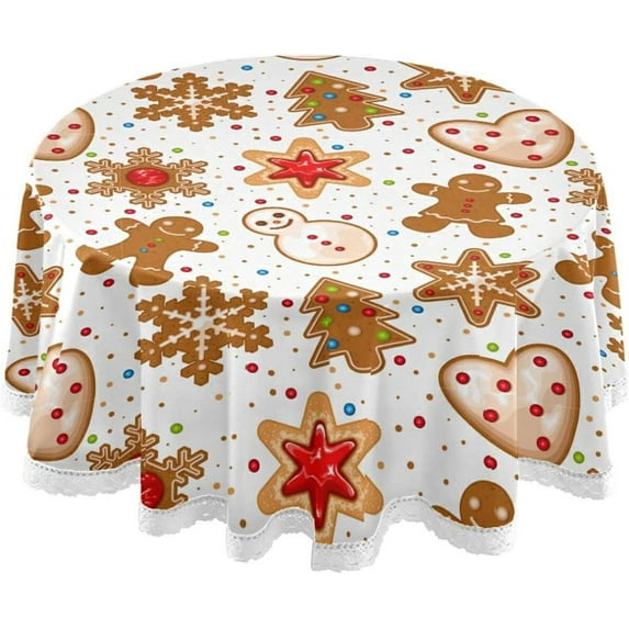 SKYSONIC 60" Christmas Gingerbread Round Tablecloth Cookies Pattern Table Cloth Cover Mat Washable Polyester Dining Decorative for Holiday Home Picnic Party Wedding