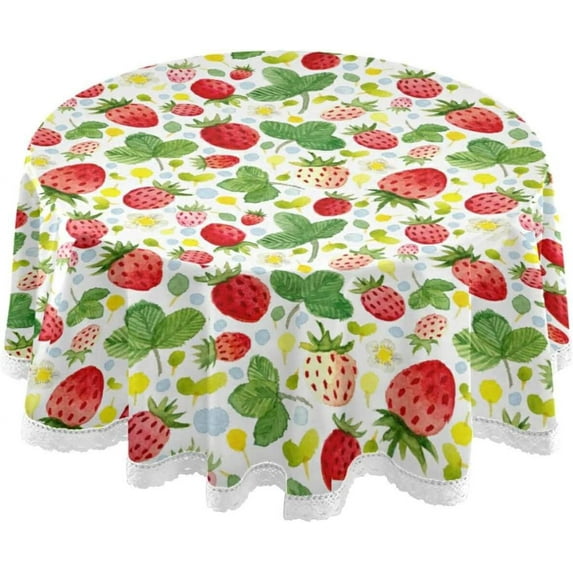 SKYSONIC 60" Cute Strawberry Round Table Cloth Watercolor Pattern Polyester Tablecloth Washable Tablecover for Party Dinner Home Decor
