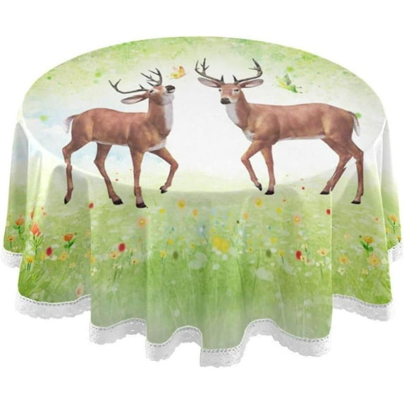 SKYSONIC 60" Deer in The Meadow Round Table Cloth, Spill Proof Wrinkle-Free Oil-Proof Waterproof Microfiber Tablecloth for Kitchen Dinning Room Party Home Picnic, Diameter Table Cover