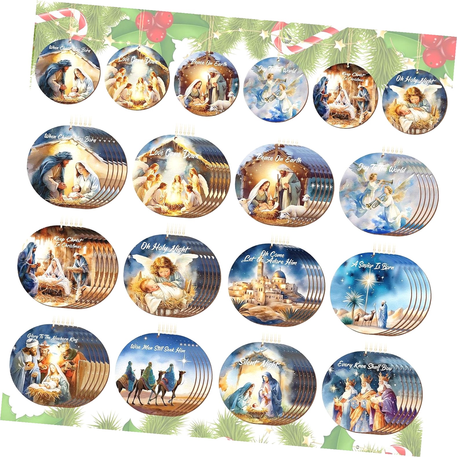 SKYSONIC 60 Pcs Nativity Scene Christmas Tree Ornament Set, Bulk Round ...