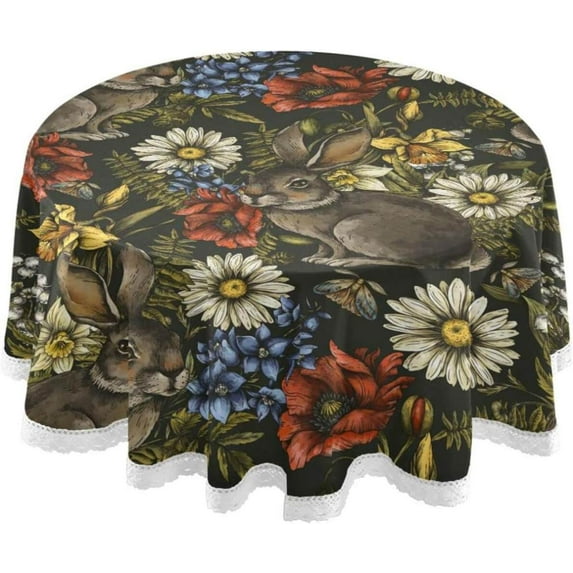 SKYSONIC 60" Round Tablecloth Vintage Floral Rabbit Lace Border Table Cover Thick Wrinkle Resistant Durable for Home Party Decorative Tablecloths Indoor Outdoor