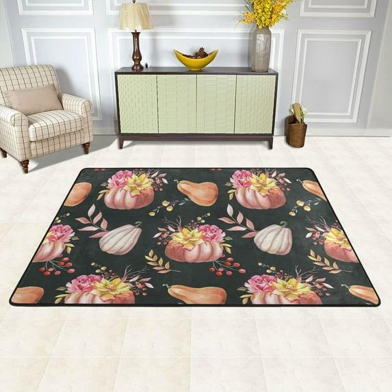 SKYSONIC 72x48in Autumn Pink Pumpkin Flower Area Rug, Fall Watercolor Style Non-Slip Floor Carpet for Indoor Living Dining Room and Bedroom Area