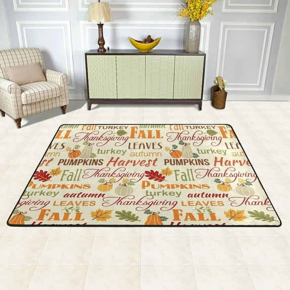 SKYSONIC 72x48in Autumn Pumpkin Quote Area Rug, Fall Thanksgiving Non-Slip Floor Carpet for Indoor Living Dining Room and Bedroom Area