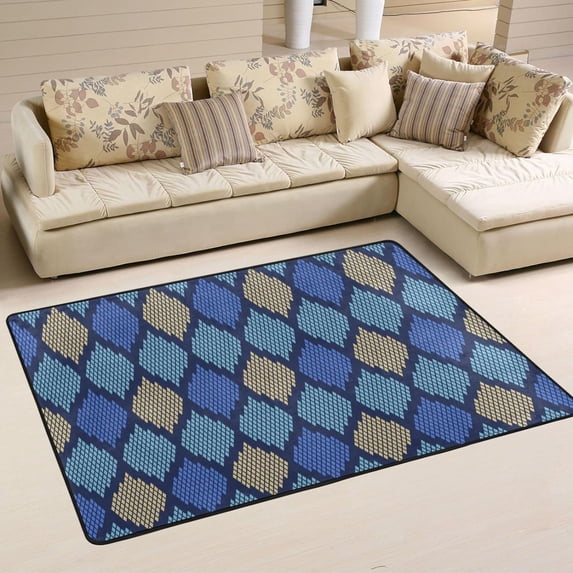 SKYSONIC 72x48in Blue Argyle Area Rug, Snakeskin Floor Carpet for Indoor Living Dining Room and Bedroom Area