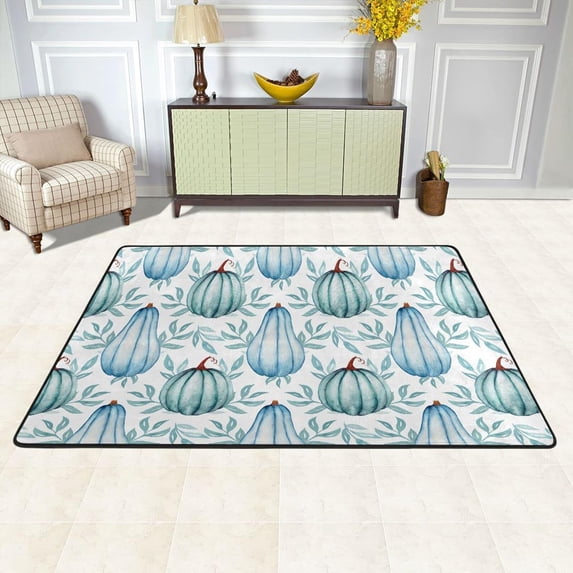 SKYSONIC 72x48in Blue Pumpkins Area Rug, Watercolor Autumn Pattern Non-Slip Floor Carpet for Indoor Living Dining Room and Bedroom Area