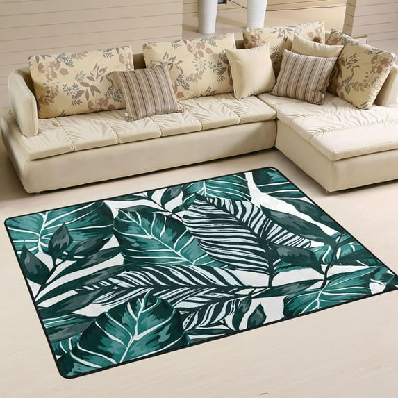 SKYSONIC 72x48in Blue Tropical Palm Frond Area Rug, Plant Leaves Non-Slip Floor Carpet for Indoor Living Dining Room and Bedroom Area