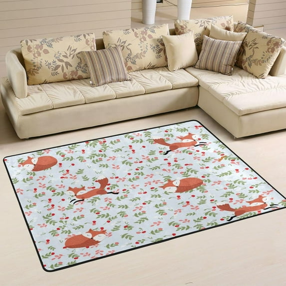 SKYSONIC 72x48in Cute Fox Wolf Area Rug, Fall Theme Non-Slip Floor Carpet for Indoor Living Dining Room and Bedroom Area