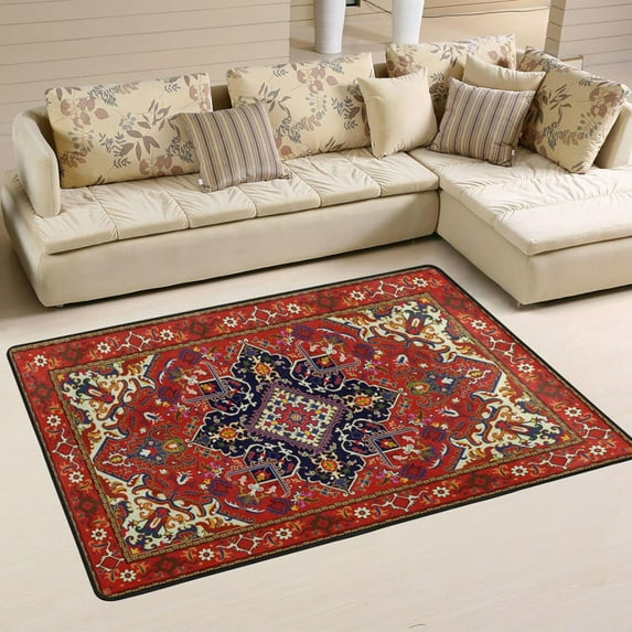 SKYSONIC 72x48in Ethnic Floral Theme Area Rug, Red Tribal Texture Non-Slip Floor Carpet for Indoor Living Dining Room and Bedroom Area