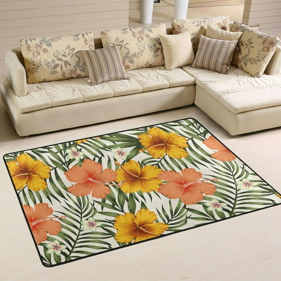 SKYSONIC 72x48in Exotic Hibiscus Flowers Area Rug, Palm Leaves Tropical Non-Slip Floor Carpet for Indoor Living Dining Room and Bedroom Area
