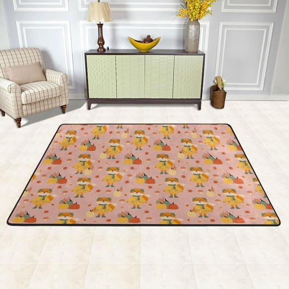 SKYSONIC 72x48in Fox Cute Fall Area Rug, Autumn Pumpkin Non-Slip Floor Carpet for Indoor Living Dining Room and Bedroom Area