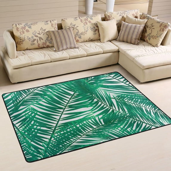 SKYSONIC 72x48in Green Tropical Leaves Area Rug, Summer Green Frond Non-Slip Floor Carpet for Indoor Living Dining Room and Bedroom Area