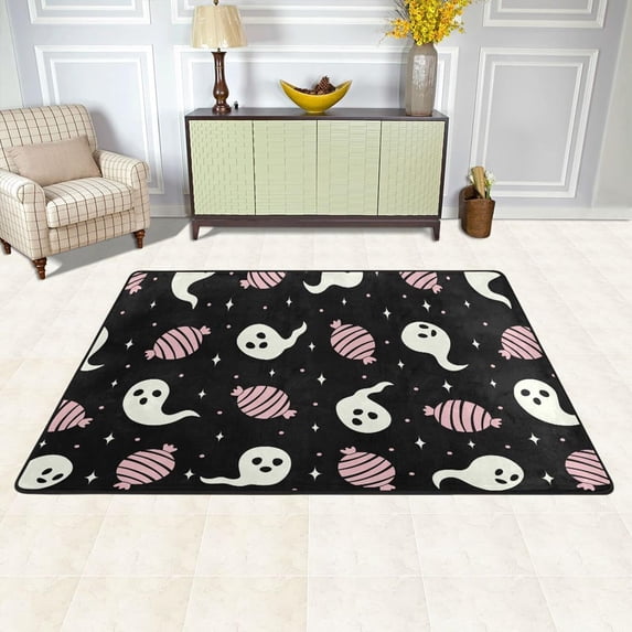 SKYSONIC 72x48in Halloween Cute Ghosts Pink Area Rug, Non-Slip Floor Carpet for Indoor Living Dining Room and Bedroom Area