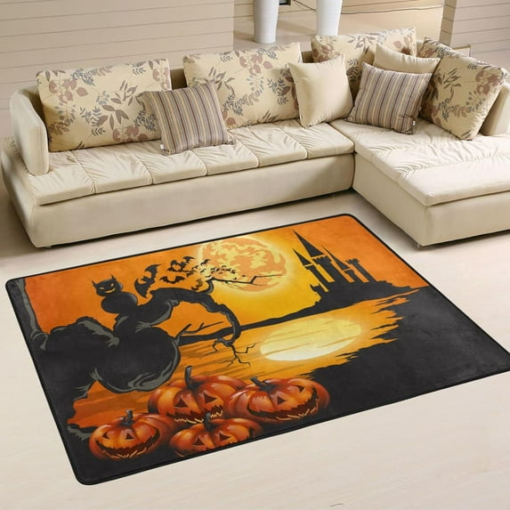 SKYSONIC 72x48in Halloween Pumpkin Bat Area Rug, Castle Moon Lake Non-Slip Floor Carpet for Indoor Living Dining Room and Bedroom Area