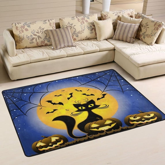 SKYSONIC 72x48in Halloween Pumpkins Cat Area Rug, Full Moon Night Non-Slip Floor Carpet for Indoor Living Dining Room and Bedroom Area