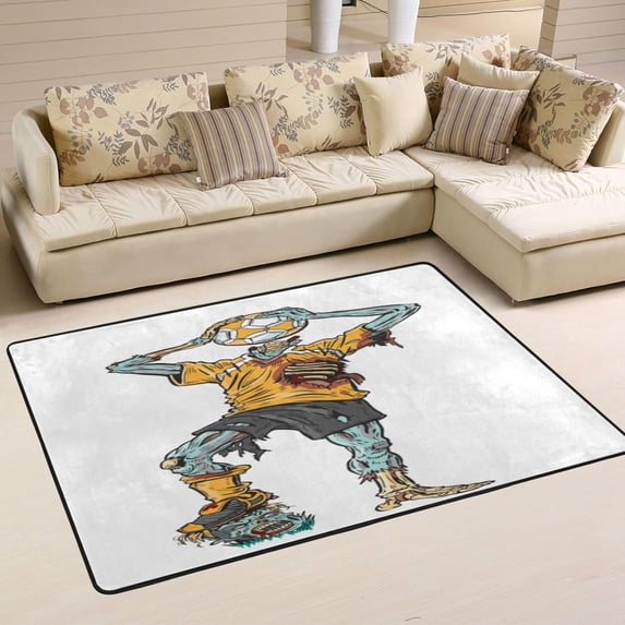 SKYSONIC 72x48in Halloween Zombie Area Rug, Skull Soccer Player Non-Slip Floor Carpet for Indoor Living Dining Room and Bedroom Area