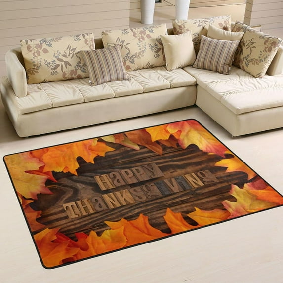 SKYSONIC 72x48in Happy Thanksgiving Area Rug, Maple Leaf Non-Slip Floor Carpet for Indoor Living Dining Room and Bedroom Area