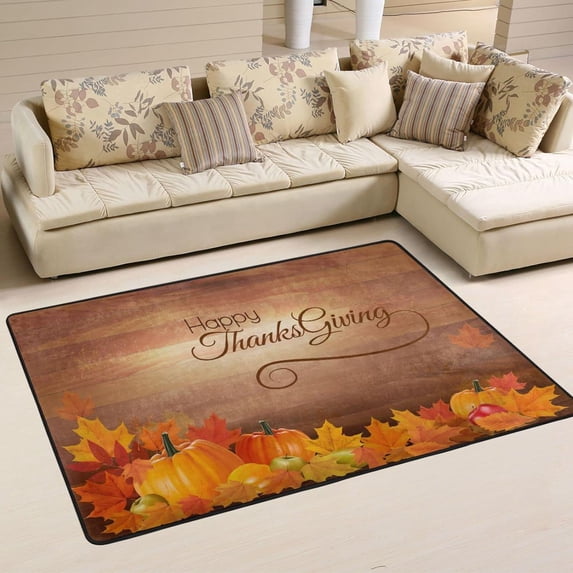 SKYSONIC 72x48in Happy Thanksgiving Maple Area Rug, Autumn Rustic Pumpkin Non-Slip Floor Carpet for Indoor Living Dining Room and Bedroom Area