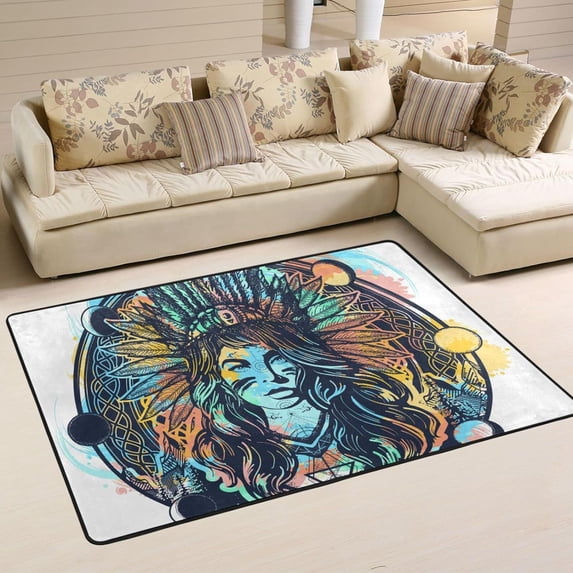 SKYSONIC 72x48in Indian Tribal Women Area Rug, Floor Carpet for Indoor Living Dining Room and Bedroom Area