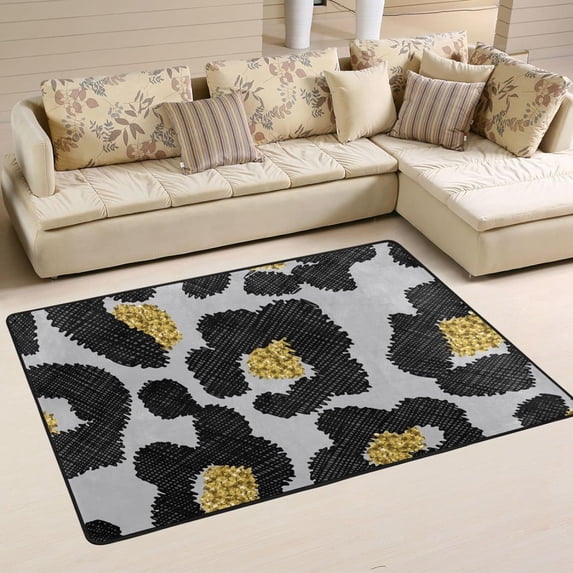 SKYSONIC 72x48in Leopard Skin Texture Area Rug, Gold and Black Floor Carpet for Indoor Living Dining Room and Bedroom Area