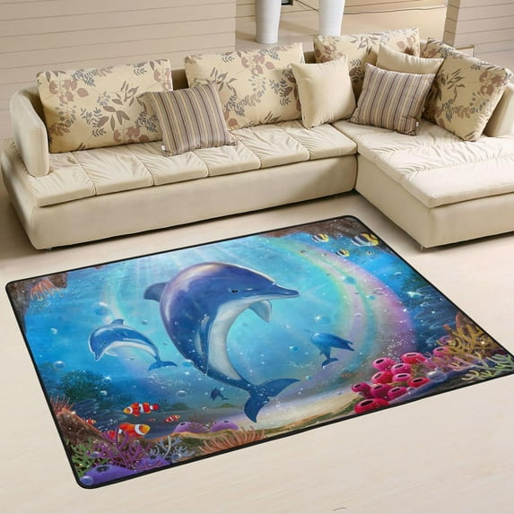 SKYSONIC 72x48in Lovable Dolphins Area Rug, Colorful Tropical Ocean Non-Slip Floor Carpet for Indoor Living Dining Room and Bedroom Area