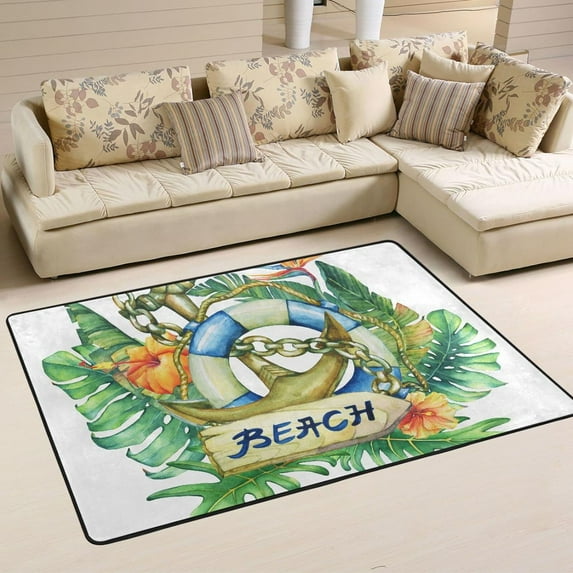 SKYSONIC 72x48in Nautical Anchor Beach Area Rug, Tropical Flowers Leaves Non-Slip Floor Carpet for Indoor Living Dining Room and Bedroom Area