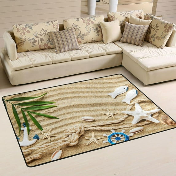 SKYSONIC 72x48in Nautical Beach Seashell Area Rug, Tropical Anchor Non-Slip Floor Carpet for Indoor Living Dining Room and Bedroom Area