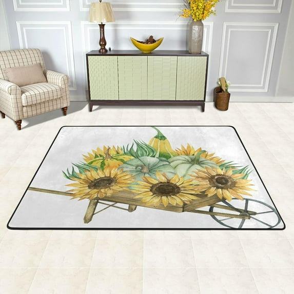 SKYSONIC 72x48in Pumpkin Cart Area Rug, Watercolor Sunflowers Non-Slip Floor Carpet for Indoor Living Dining Room and Bedroom Area