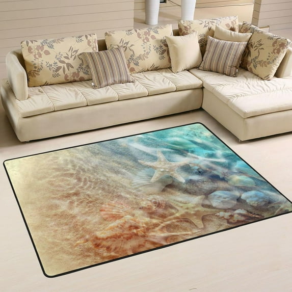 SKYSONIC 72x48in Starfish Seashell Conch Summer Area Rug, Beach Ocean Non-Slip Floor Carpet for Indoor Living Dining Room and Bedroom Area