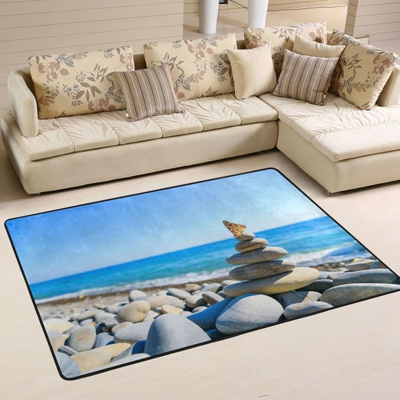 SKYSONIC 72x48in Summer Beach Area Rug, Relax Nature Sea Stone Non-Slip Floor Carpet for Indoor Living Dining Room and Bedroom Area