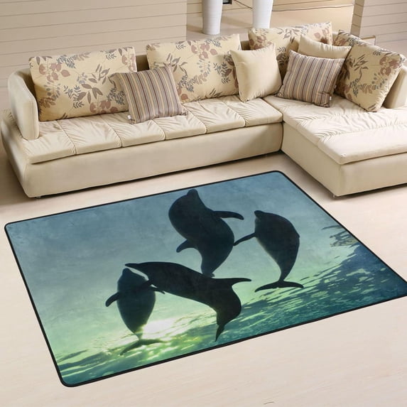 SKYSONIC 72x48in Summer Dolphin Silhouette Area Rug, Underwater World Non-Slip Floor Carpet for Indoor Living Dining Room and Bedroom Area