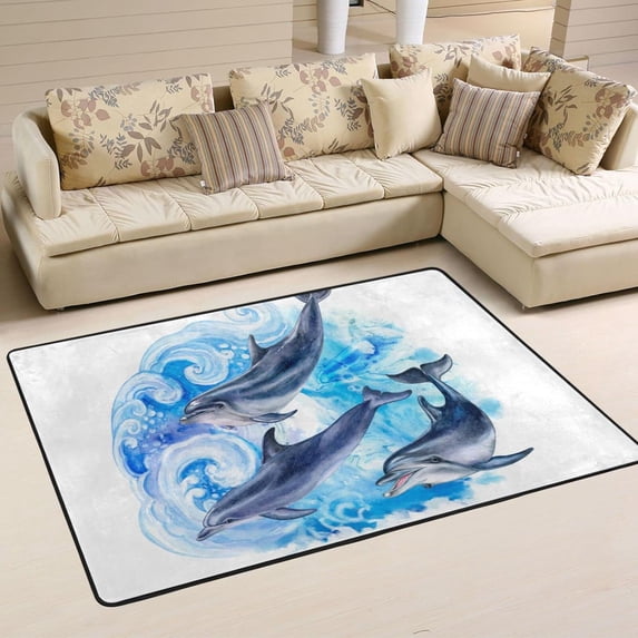 SKYSONIC 72x48in Summer Dolphins Ocean Area Rug, Blue Sea Waves Non-Slip Floor Carpet for Indoor Living Dining Room and Bedroom Area