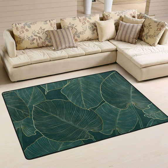 SKYSONIC 72x48in Summer Green Leaves Area Rug, Tropical Palm Leaves Non-Slip Floor Carpet for Indoor Living Dining Room and Bedroom Area