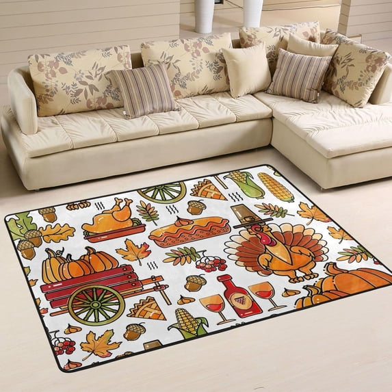 SKYSONIC 72x48in Thanksgiving Holiday Area Rug, Wine Pumpkin Turkey Non-Slip Floor Carpet for Indoor Living Dining Room and Bedroom Area