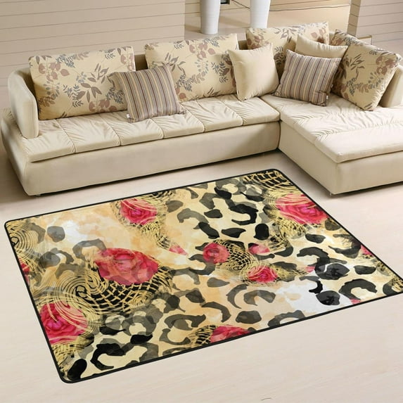 SKYSONIC 72x48in Vintage Leopard Skin Area Rug, Flowers Watercolor Floor Carpet for Indoor Living Dining Room and Bedroom Area