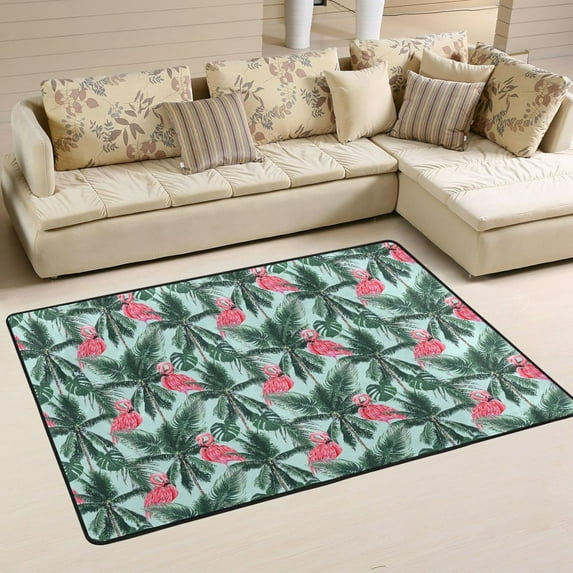 SKYSONIC 72x48in Vintage Pink Flamingos Area Rug, Tropical Palm Leaves Non-Slip Floor Carpet for Indoor Living Dining Room and Bedroom Area