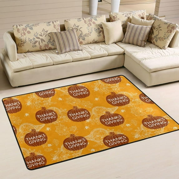 SKYSONIC 72x48in Vintage Thanksgiving Pumpkin Area Rug, Fall Harvest Non-Slip Floor Carpet for Indoor Living Dining Room and Bedroom Area