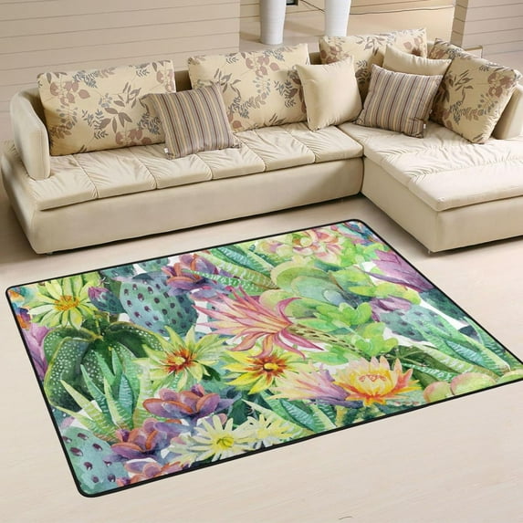 SKYSONIC 72x48in Watercolor Cactus Flower Area Rug, Non-Slip Floor Carpet for Indoor Living Dining Room and Bedroom Area