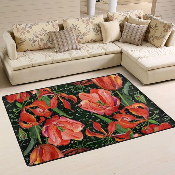 SKYSONIC 72x48in Watercolor Flower Rose Area Rug, Non-Slip Floor Carpet for Indoor Living Dining Room and Bedroom Area