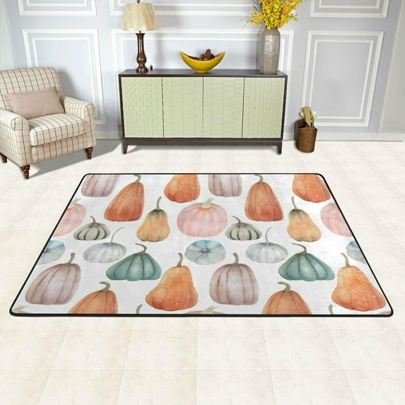 SKYSONIC 72x48in Watercolor Pumpkins Area Rug, Teal Pink Orange Non-Slip Floor Carpet for Indoor Living Dining Room and Bedroom Area