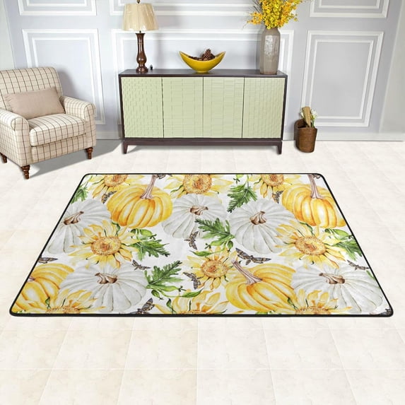 SKYSONIC 72x48in Watercolor Yellow Pumpkin Fall Area Rug, Autumn Sunflower Non-Slip Floor Carpet for Indoor Living Dining Room and Bedroom Area
